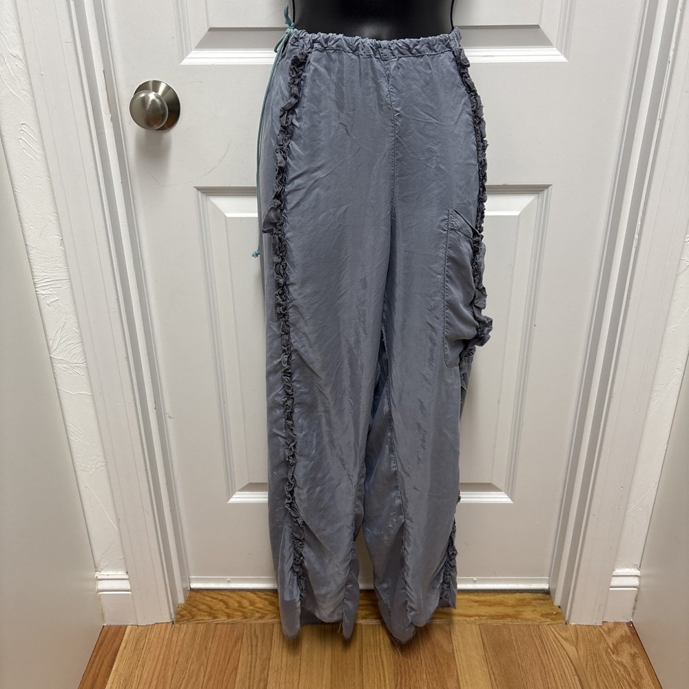 SKIF Periwinkle Parachute Pants With Vertical Ruffle Raw Hem Bungee Waist